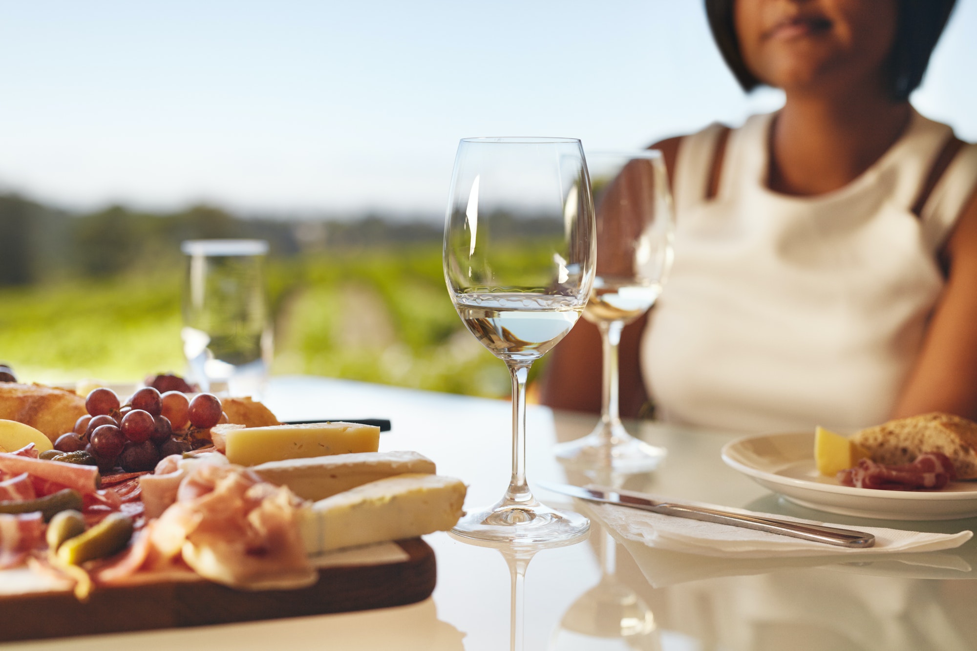 Two glasses of white wine at winery restaurant